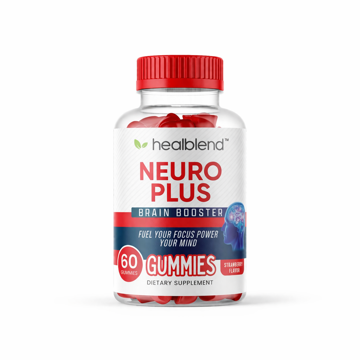 A bottle of healblend Neuro Plus Brain Booster dietary supplement gummies, featuring a white label with red and blue text, a red cap, and visible red gummies inside a clear bottle, set against a plain white background.