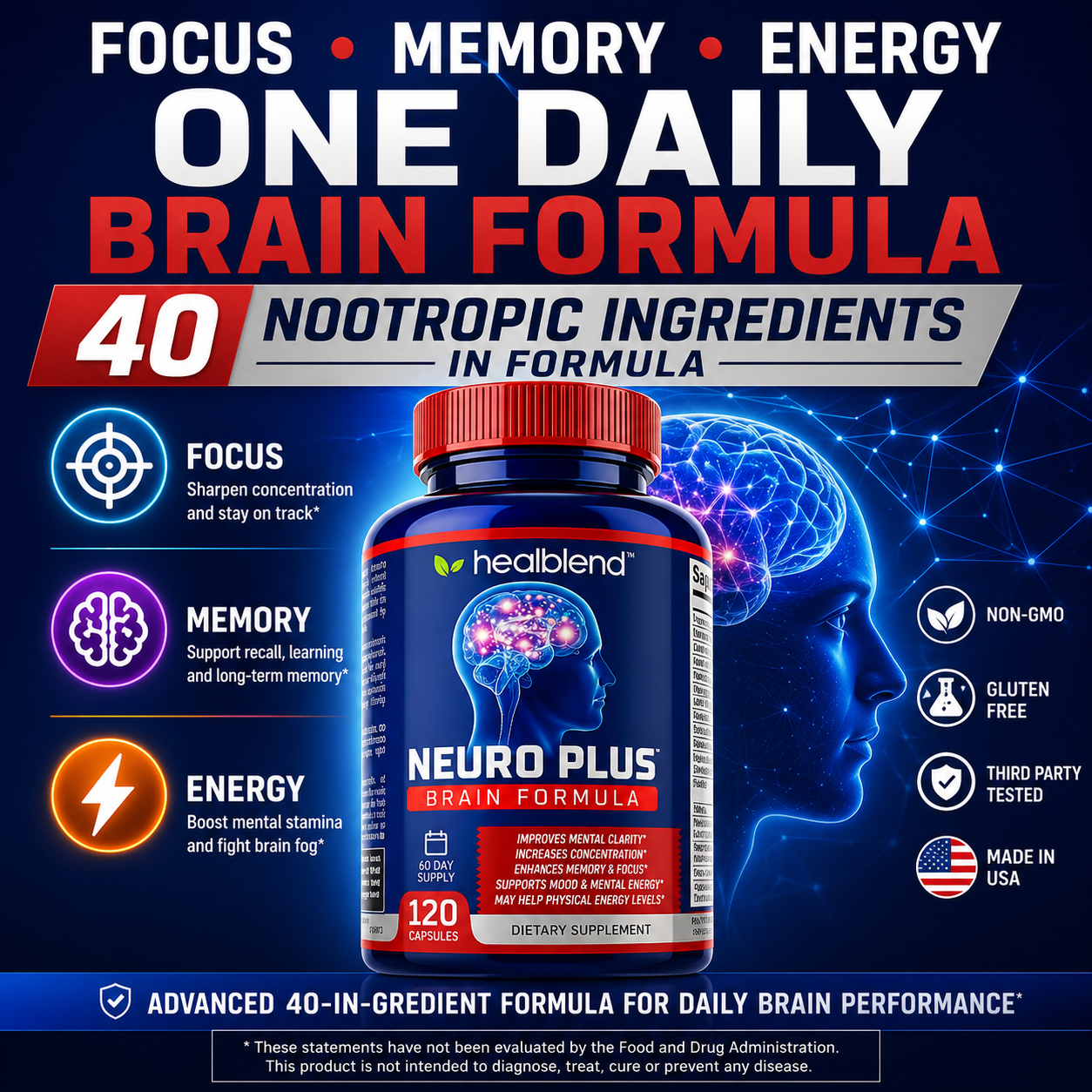 Neuro Plus Brain & Focus Formula - Nootropic Brain Booster Supplement, Supports Brain Health, Mental Clarity & Concentration - 120 Capsules