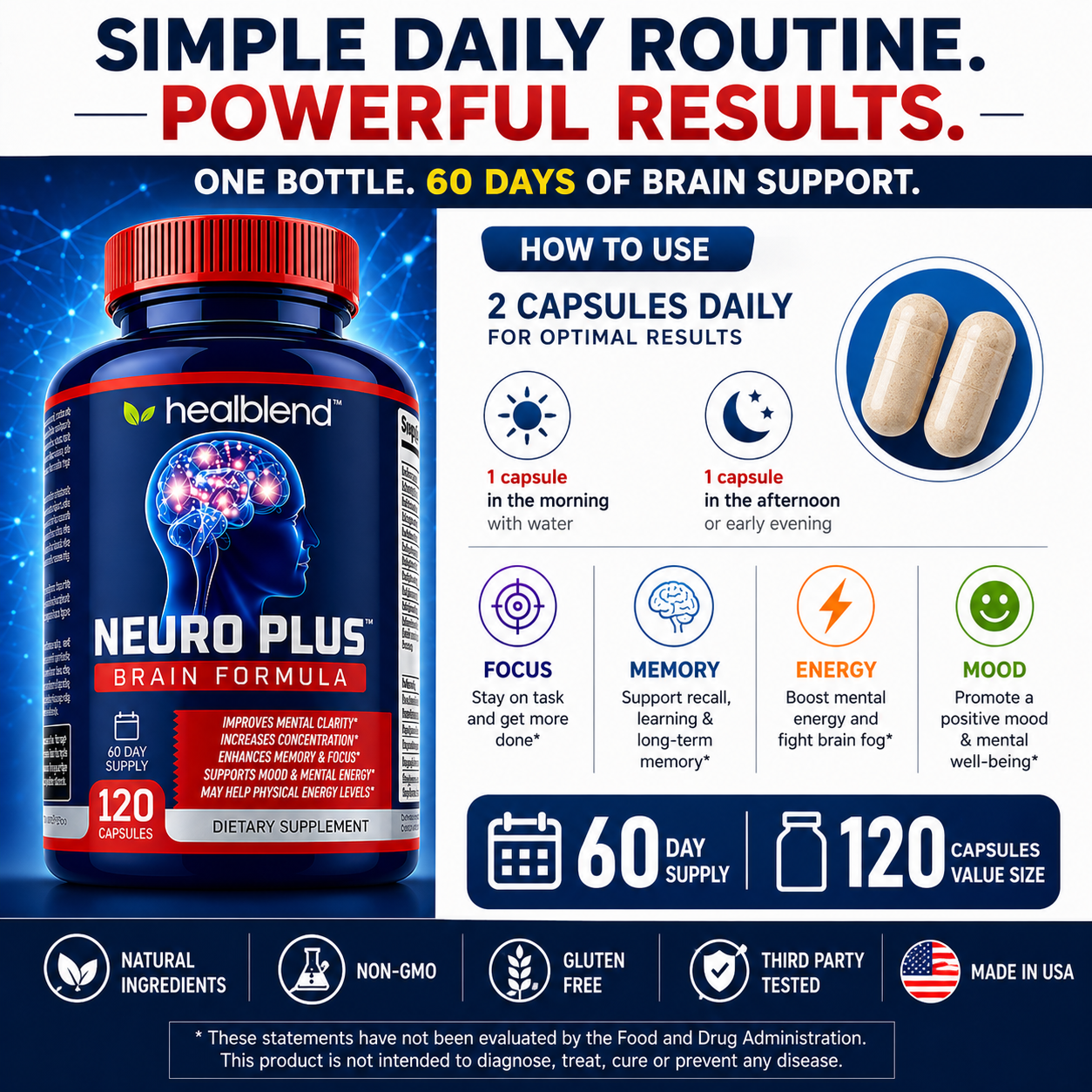 Neuro Plus Brain & Focus Formula - Nootropic Brain Booster Supplement, Supports Brain Health, Mental Clarity & Concentration - 120 Capsules