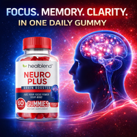 A bottle of Healblend Neuro Plus Brain Booster gummies is shown on a cosmic red and blue background next to a glowing human head silhouette with a bright brain.