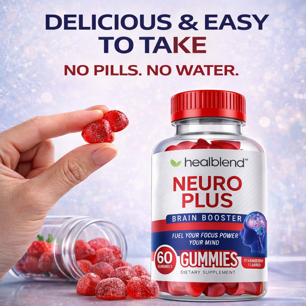 A bottle of healblend Neuro Plus Brain Booster gummies is shown on a light blue bokeh background, with a hand holding a few sugar-coated red gummies and more gummies spilled from a small clear jar nearby. Large text at the top reads 'DELICIOUS & EASY TO TAKE' and 'NO PILLS.