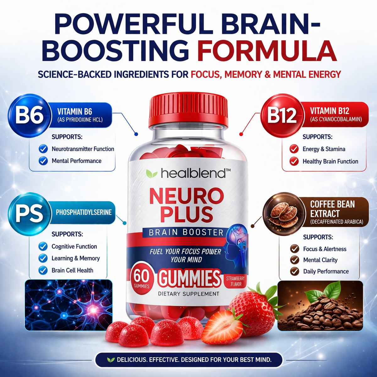 Healblend Neuro Plus Brain Booster dietary supplement bottle with a red cap, surrounded by strawberries, coffee bean graphics, and informational callouts for B6, B12, and PS on a blue gradient background.