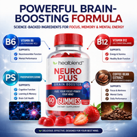 Healblend Neuro Plus Brain Booster dietary supplement bottle with a red cap, surrounded by strawberries, coffee bean graphics, and informational callouts for B6, B12, and PS on a blue gradient background.