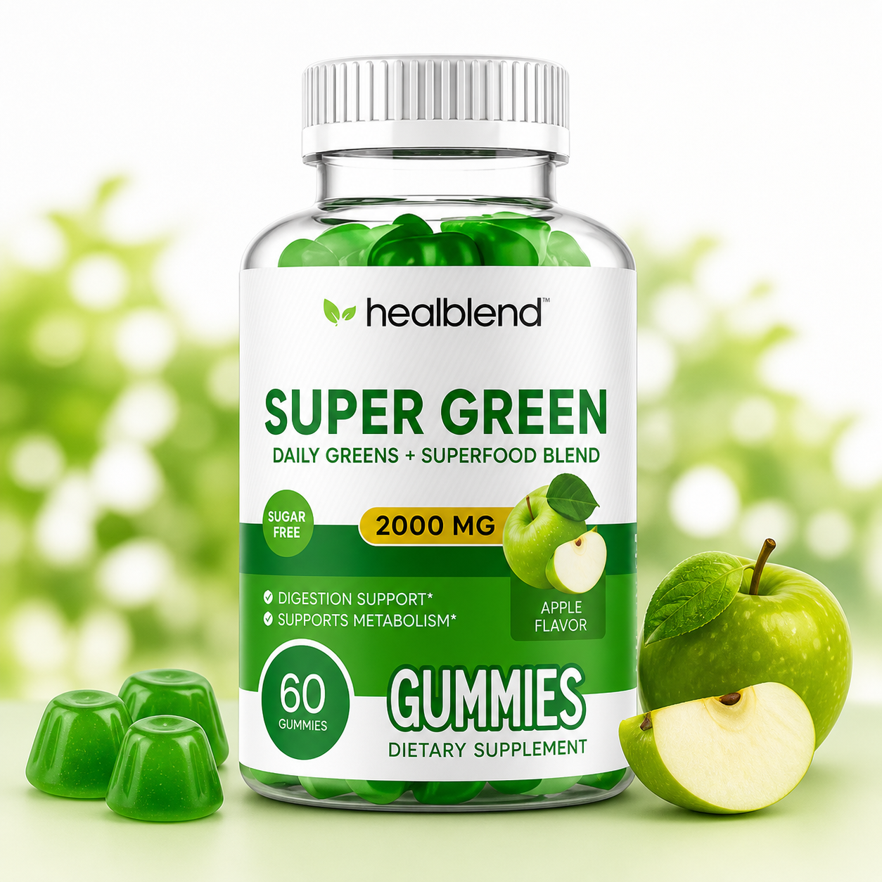 A bottle of HealBlend Super Green dietary supplement gummies, shown with green gummies in the clear bottle, a white and green label, and whole and sliced green apples beside it on a bright light background.