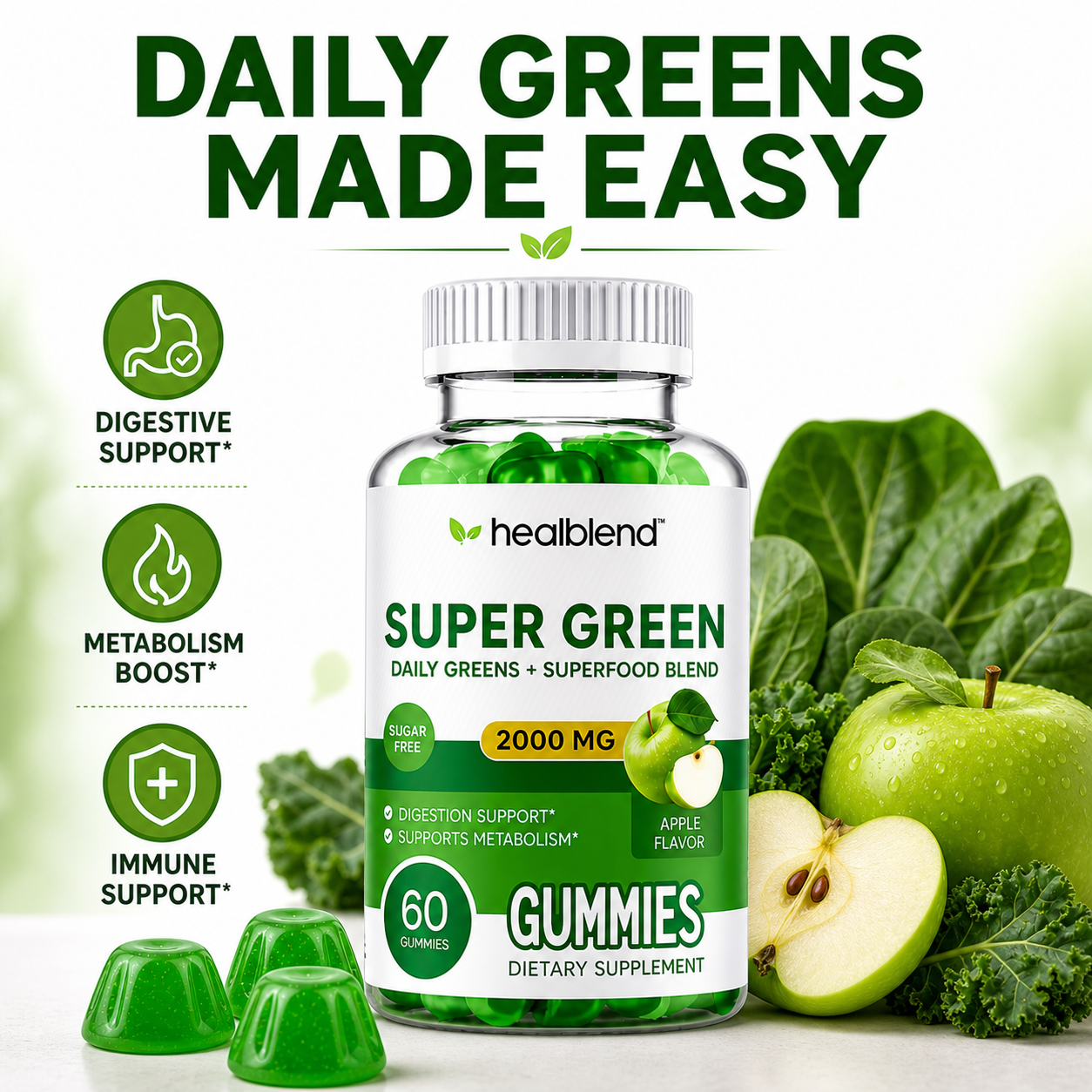Healblenda Super Green Daily Greens + Superfood Blend dietary supplement bottle with green gummies, shown with fresh green apples, kale, and three green gummies on a white background with marketing text and icons.