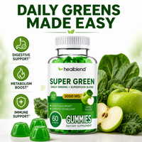 Healblenda Super Green Daily Greens + Superfood Blend dietary supplement bottle with green gummies, shown with fresh green apples, kale, and three green gummies on a white background with marketing text and icons.