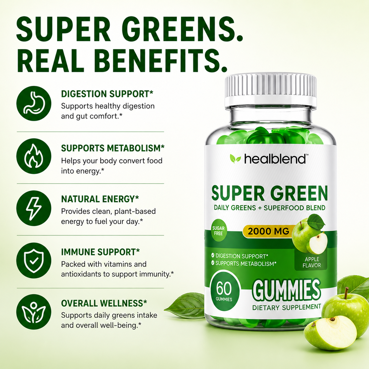HealBlend Super Green Gummies bottle with a silver cap and white label, shown next to text listing benefits like digestion support, metabolism support, natural energy, immune support, and overall wellness. Green apples and leaves are pictured on the label and around the bottle.