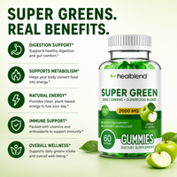 HealBlend Super Green Gummies bottle with a silver cap and white label, shown next to text listing benefits like digestion support, metabolism support, natural energy, immune support, and overall wellness. Green apples and leaves are pictured on the label and around the bottle.