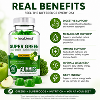 A bottle of Healblend Super Green gummies with green capsules shown alongside text highlighting benefits such as digestive support, metabolism support, immune support, overall wellness, and daily energy. The background is white with green accents and illustrations of green apples and broccoli.
