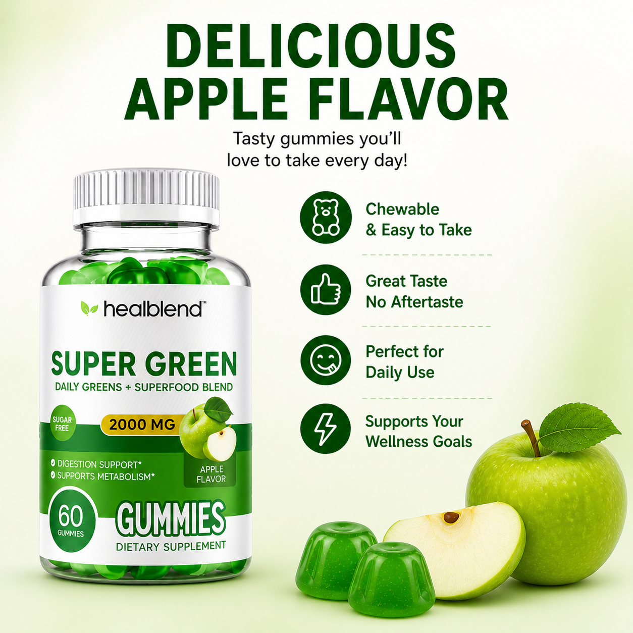 Healblend Super Green gummies bottle with a white and green label, shown alongside green jelly gummies and whole and sliced apples on a light green background. Large text reads 'DELICIOUS APPLE FLAVOR' with feature icons on the right.